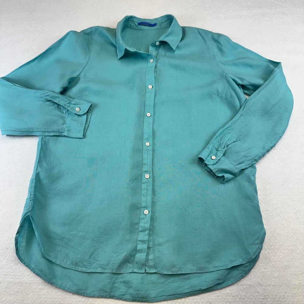 J.McLaughlin Linen Button Down Shirt Womens Large Turquoise Blue Excellent Solid